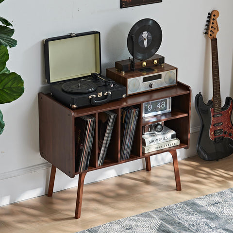 LELELINKY Record Player Stand, 4 Compartments, Holds Up to 220 Records