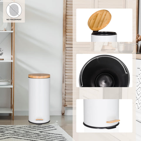 hjh OFFICE waste garbage can 30 liters, pedal bin with bamboo lid, softclose CLEAN BAMBOO metal waste garbage can with inner bin, white matt
