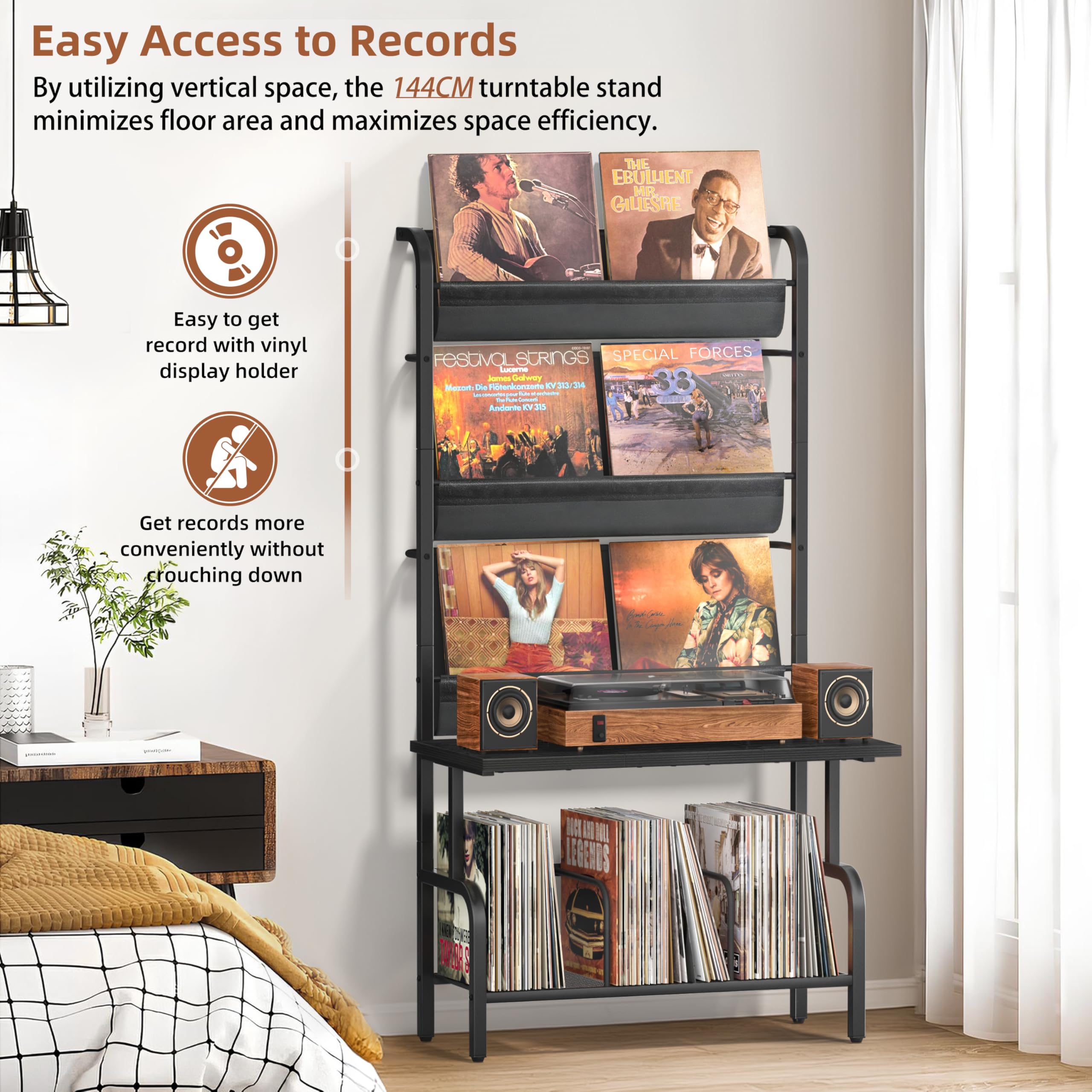 Bikoney Record Player Stand with Vinyl Storage for 300 LPs - Bigger Storage