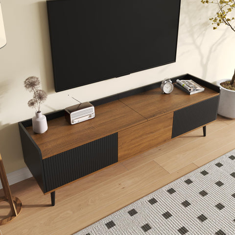 Ball & Cast TV Cabinet TV Stand Compact Media Unit with Raised Edge, Striped Doors & Solid Wood Legs 160 × 39 × 49.5 cm - Black & Natural Wood