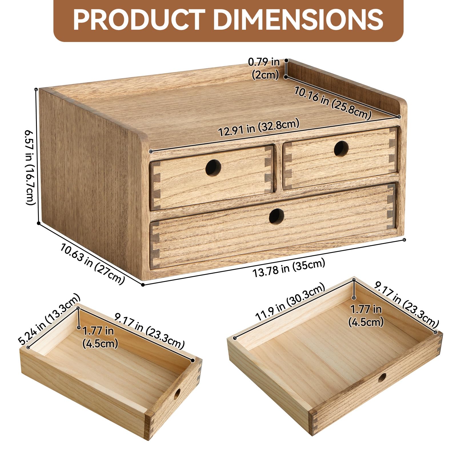KIRIGEN Wooden Desk Organiser with 3 Drawers and Shelf, Brown