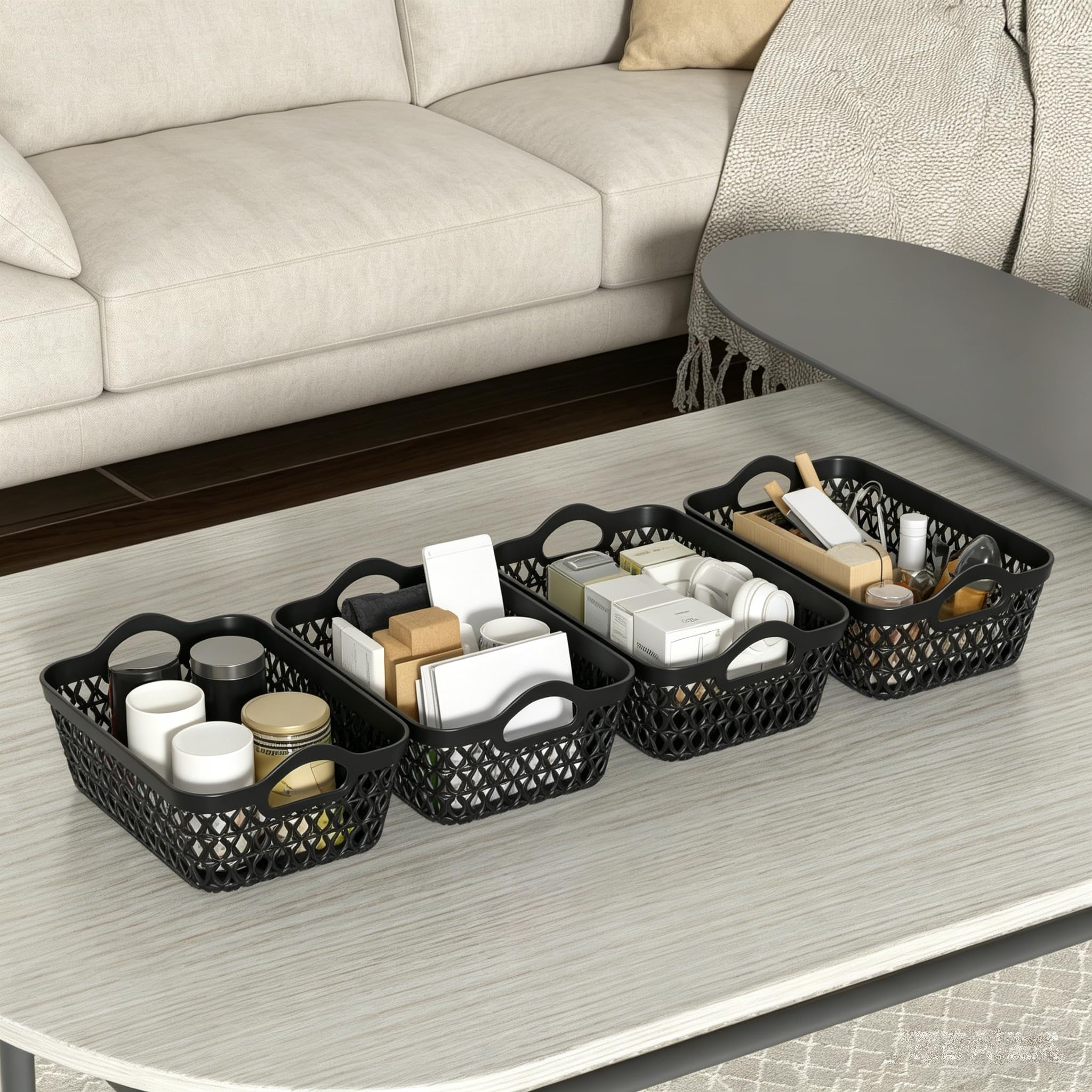 Afromy 12-Pack Mini Desktop Basket, Plastic Storage Basket Tray with Handle, Black
