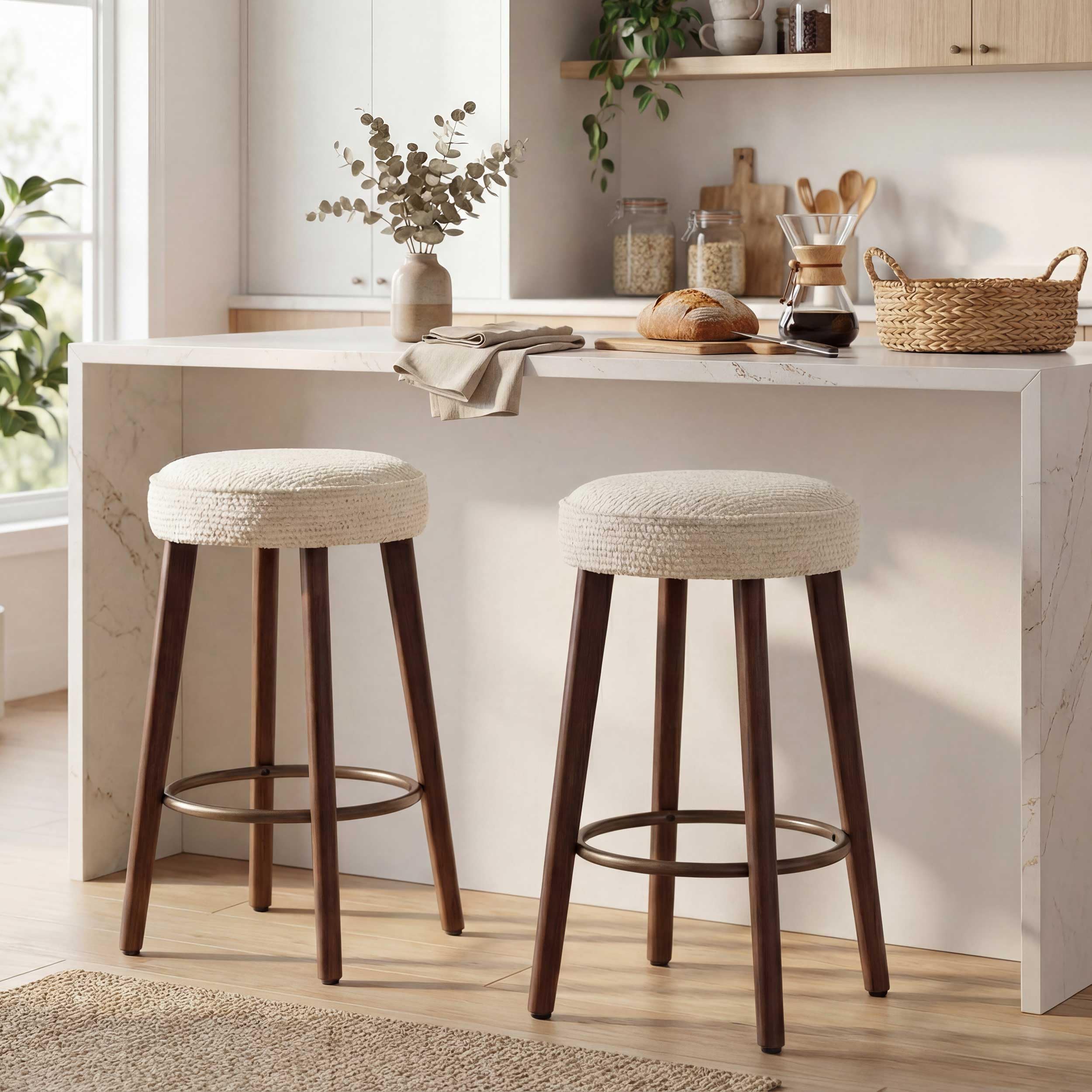 younturn Set of 2 Chenille Bar Stools, 68cm Counter Height Upholstered Kitchen Bar Chairs with Solid Wood Legs
