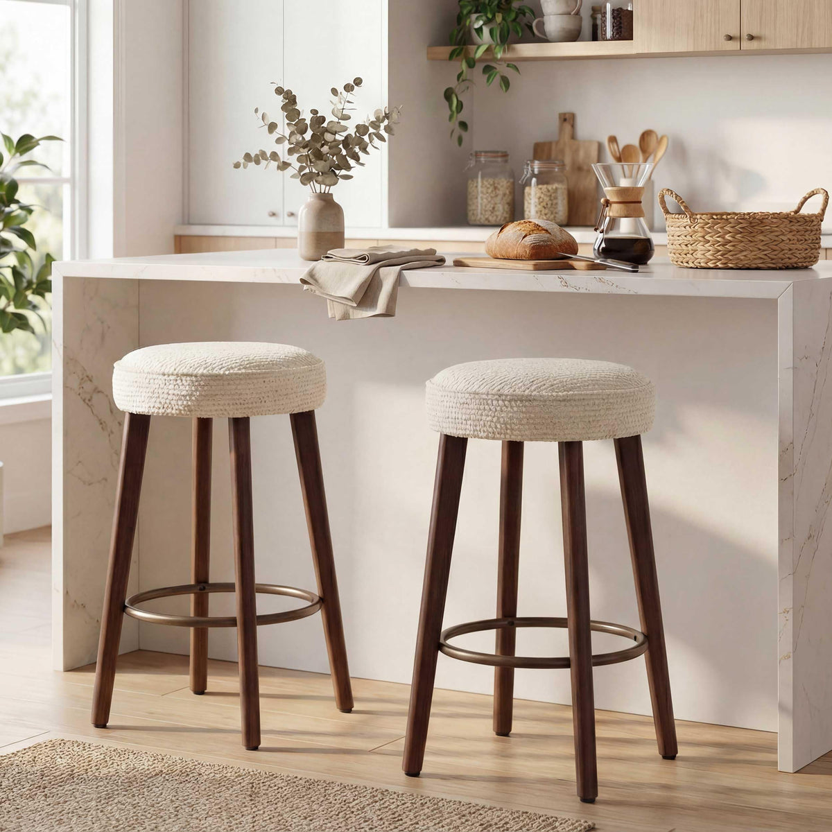 younturn Set of 2 Chenille Bar Stools, 68cm Counter Height Upholstered Kitchen Bar Chairs with Solid Wood Legs
