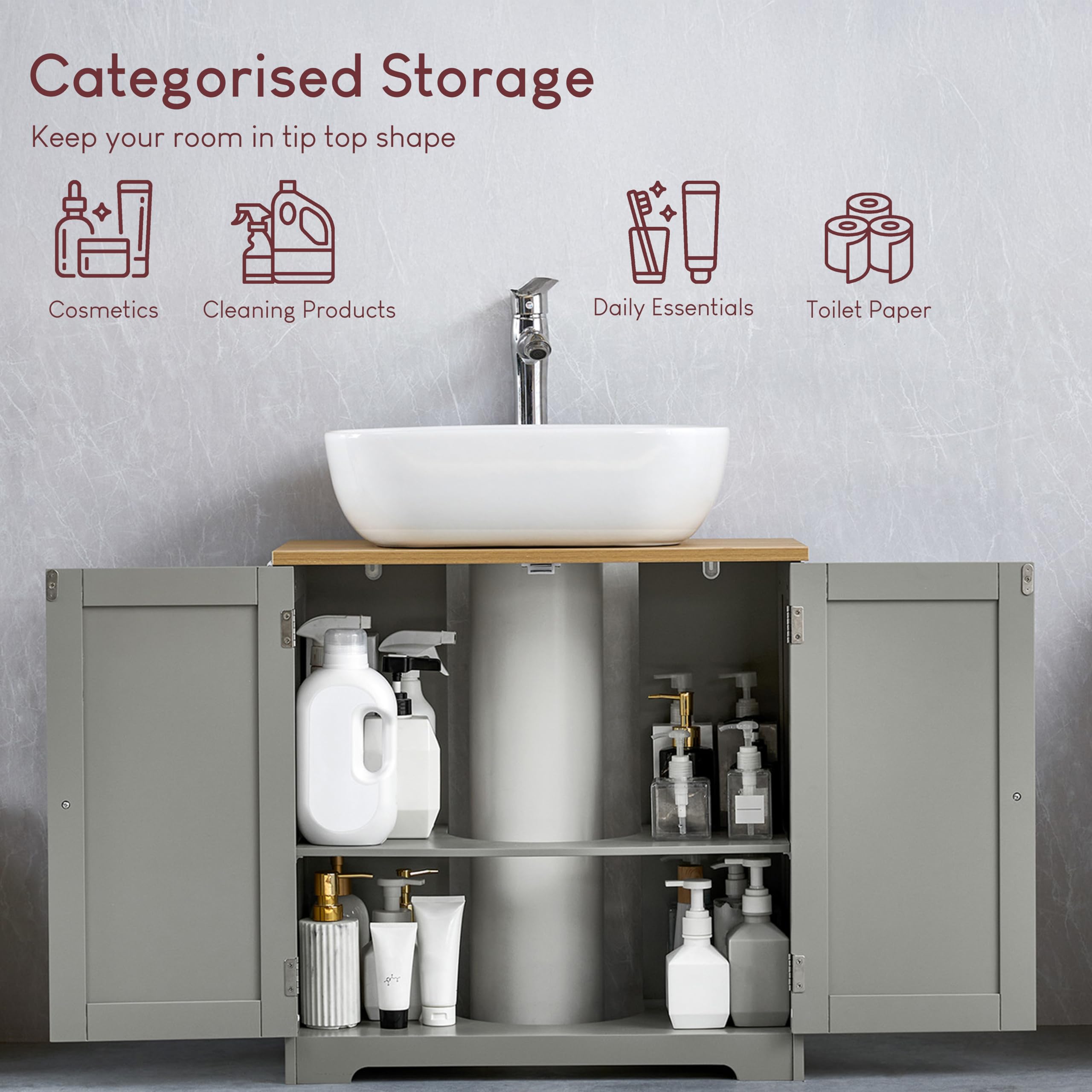 Bath Vida Priano 2 Door Under Sink Cabinet | Grey & Oak | 60 H x 60 W x 30 D cm | Adjustable Shelf Space | Freestanding Storage Basin Unit | Compact