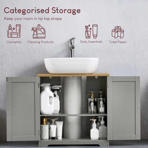 Bath Vida Priano 2 Door Under Sink Cabinet | Grey & Oak | 60 H x 60 W x 30 D cm | Adjustable Shelf Space | Freestanding Storage Basin Unit | Compact