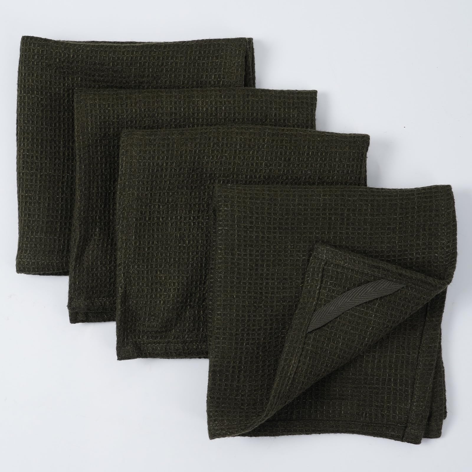 HSOFTIFY 100% Pure Linen Washcloths with Waffle Weave 4 Pack, Green