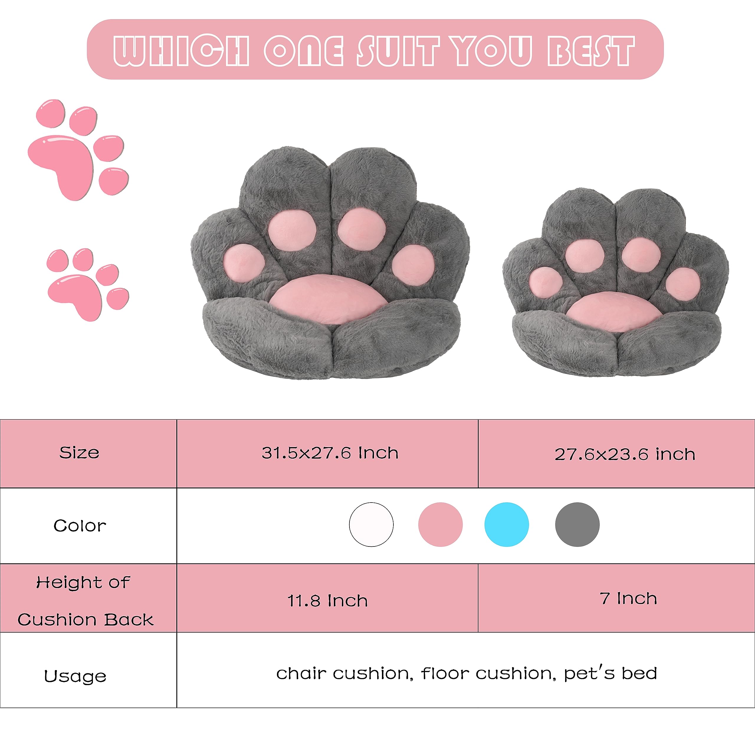FlyGulls Cat Paw Cushion for Computer Gaming Office Chairs Grey 70x80 cm
