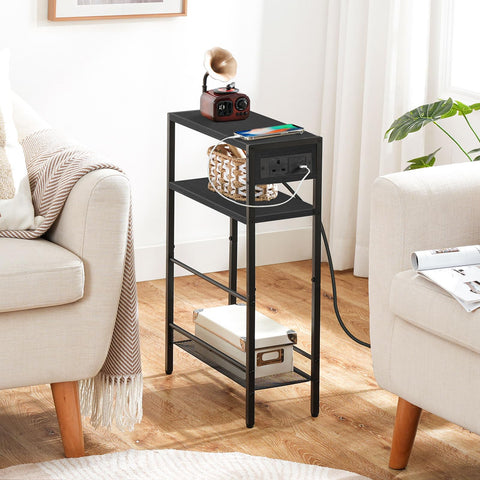 HOOBRO Slim Side Table with Charging Station, Narrow Bedside Table for Small Spaces, 3-Tier End Table with USB & Type-C Ports, Black EBB102KBZ01