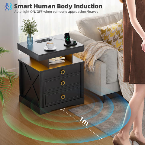 Lvifur Bedside Table with Charging Station,Human Sensor Lights for Bedroom