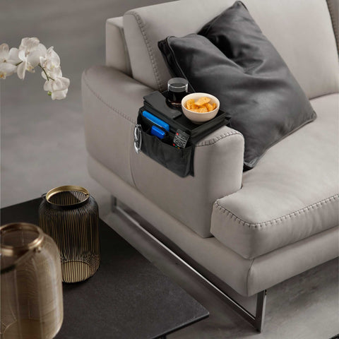 iN HOME Armrest Organiser with Table top for Snacks and Drinks - Sofa Arm Tray with Remote Control Holder - 6 Pocket Easy Access Storage for Books