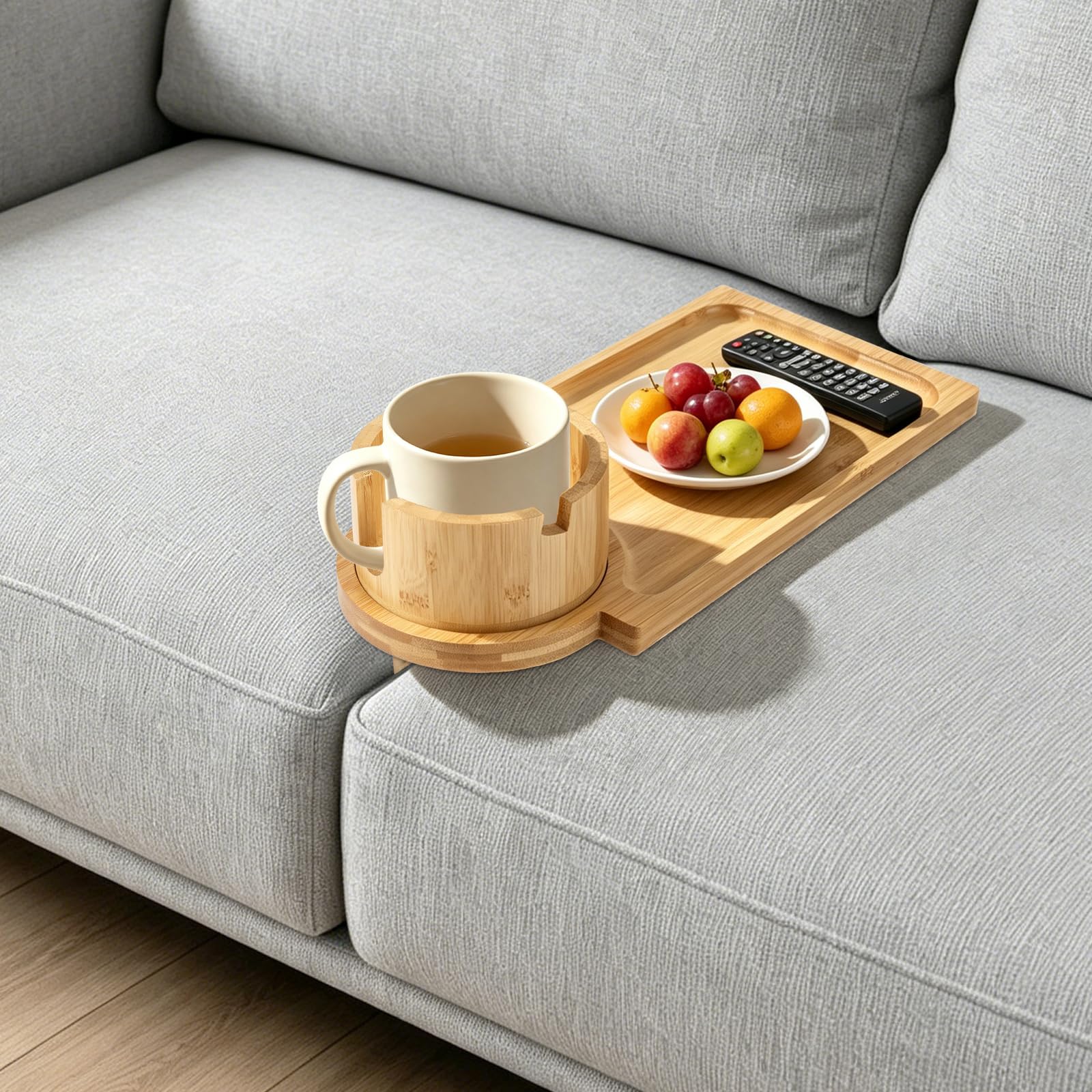 comfoyar Bamboo Couch Tray Insert for Middle Seat, Couch Gap Cup Holder Tray with 360° Rotating Cup and Phone Holder