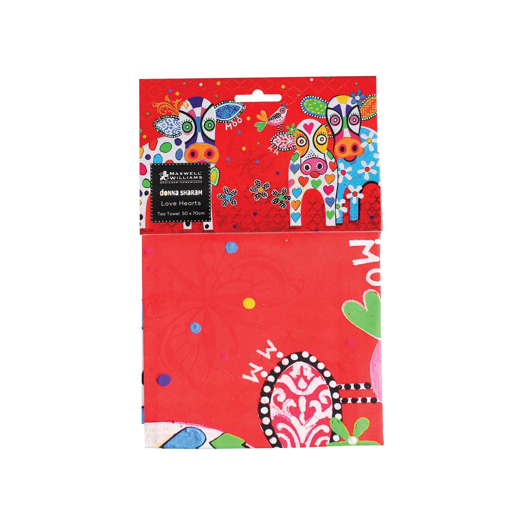 Maxwell & Williams Love Hearts Animal Printed Tea Towel with Happy Moo Day Design, 1% Cotton, Red, 5 x 7 cm
