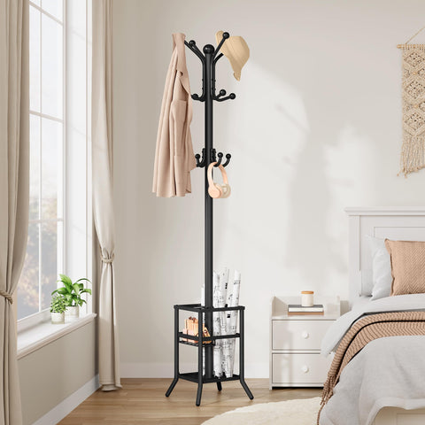 FAVOOSTY Coat Stand Coat Rack with 12 Hooks, Free standing Clothes Clothing Rack with Umbrella Holder, Hats