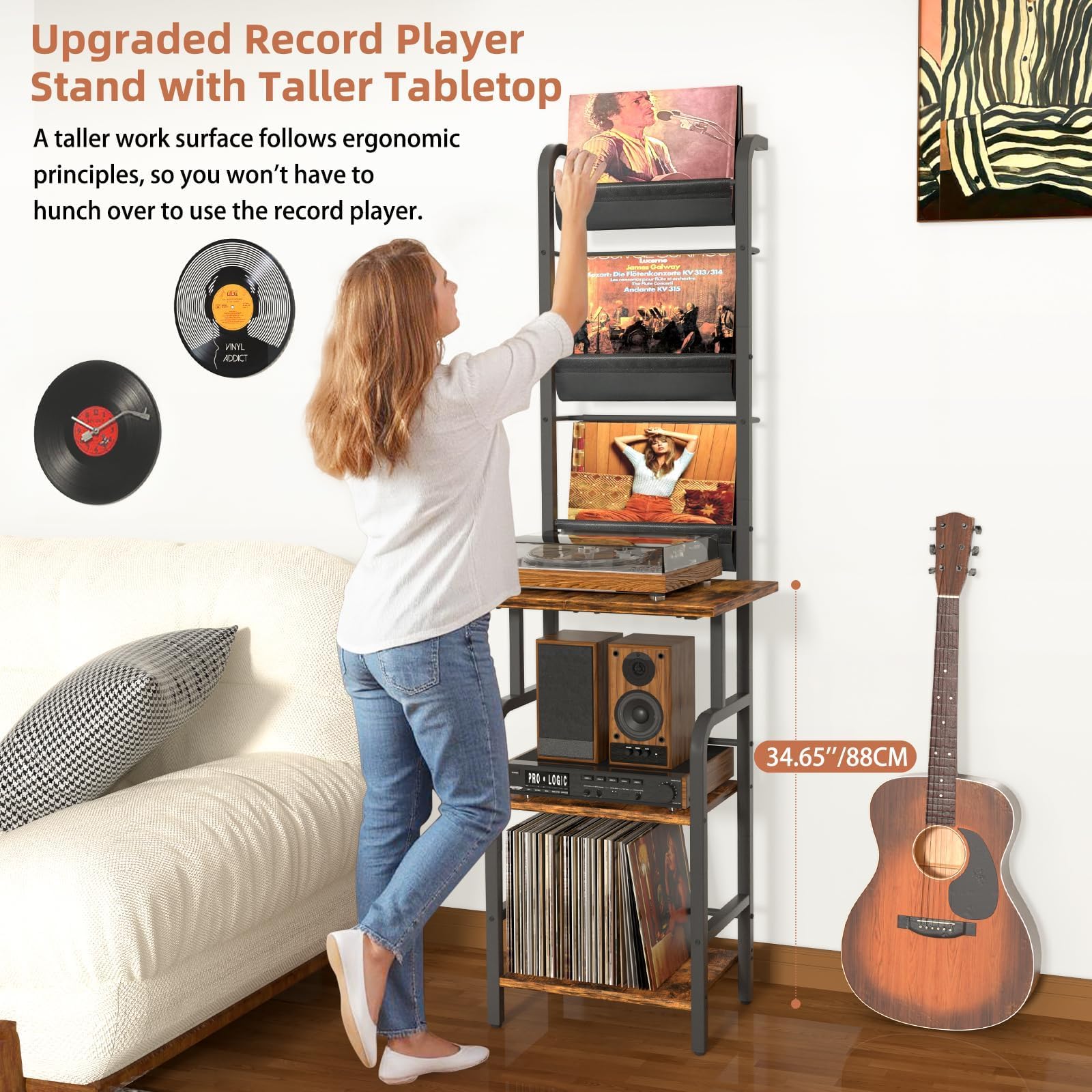 Bikoney Tall Record Player Stand with Vinyl Storage for 200 Albums