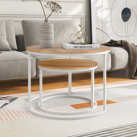 BOFENG Round Nesting Coffee Table,Set of 2 End Tables for Living Room/Bedroom/Small Space,Easy Assembly(White+Oakdk, Set of 2)