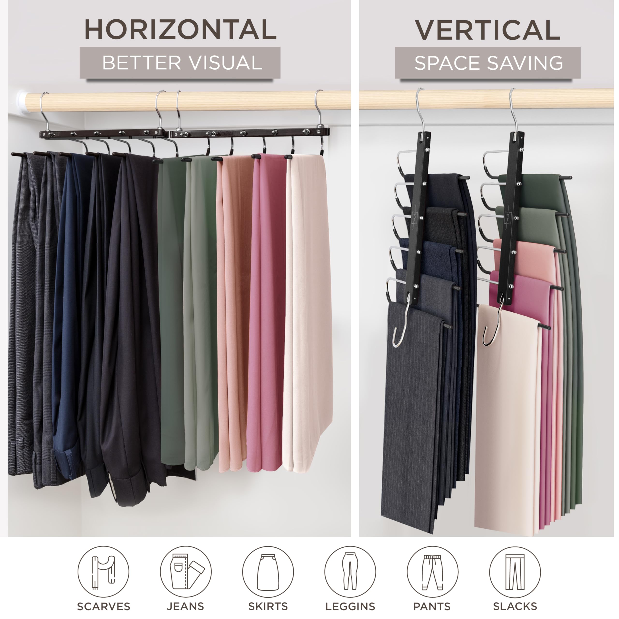 MORALVE Trousers Hangers Space Saving - 2 Pack European Beechwood Scarf and Jeans Hangers - Wardrobe Organiser and Space Saver Trouser Rack