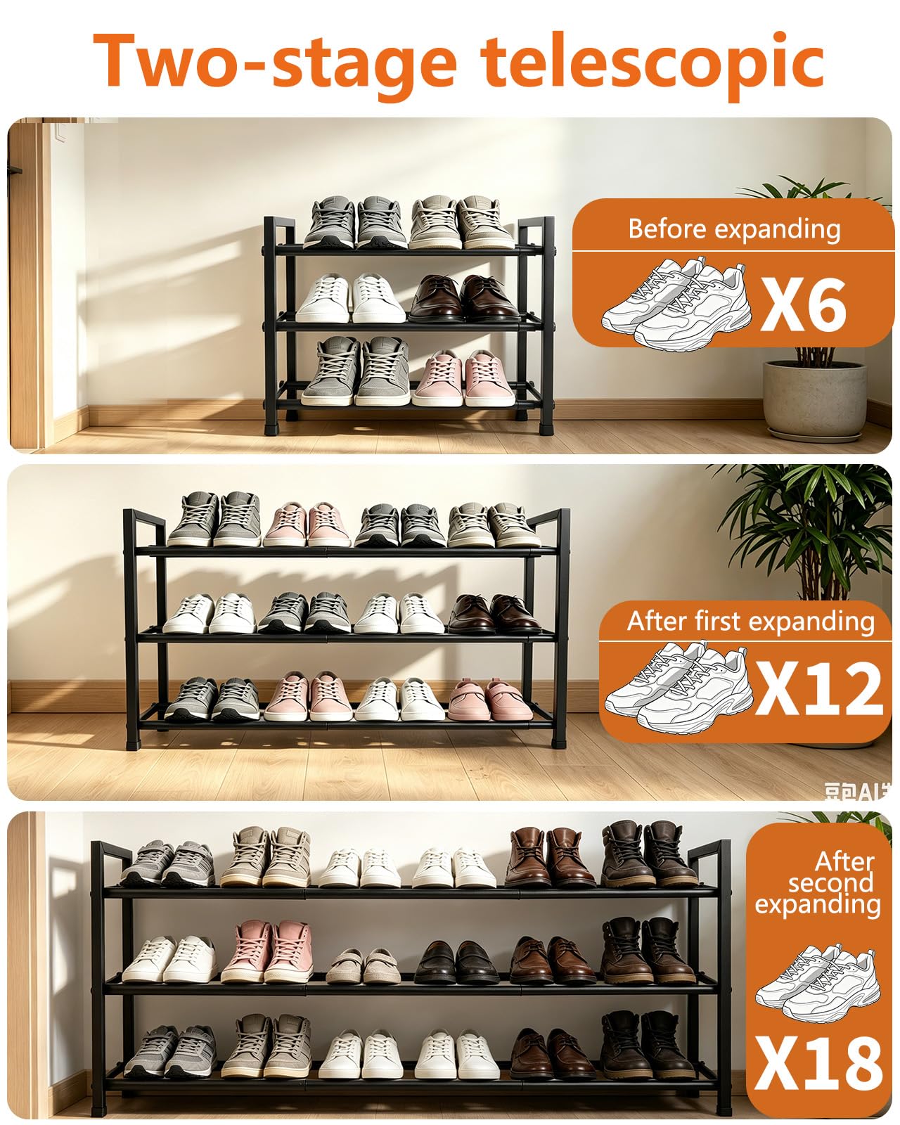 Anhow Extendable Shoe Rack, 3 Tier Adjustable Shoe Storage, 44 to 109 cm, Black Metal Free Standing Shoe Rack, Space Saving for Wardrobe, Closet