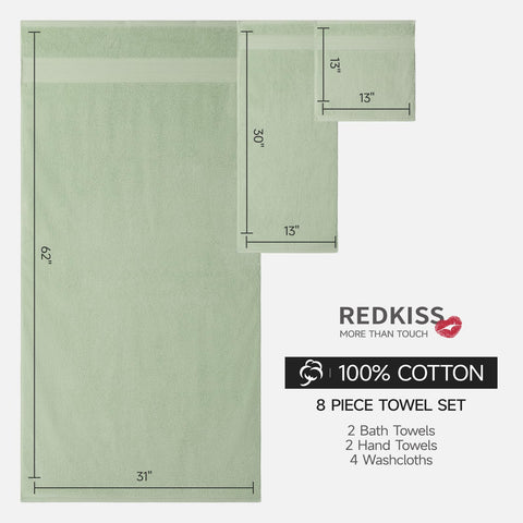 REDKISS 8 Piece Sage Green Towels Set with Hanging Loop-Quick Drying & Soft