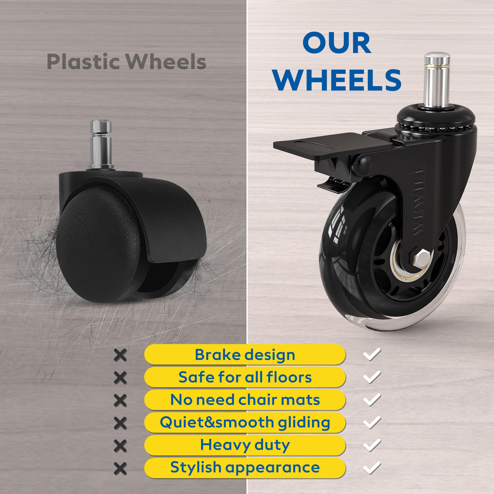 WEWILL Office Chair Castors with Lock, 5 Pieces Office Chair Replacement Castors for Carpet and Parquet
