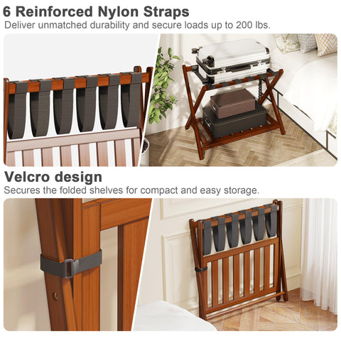 BAMBOOHOMIE Bamboo Luggage Rack for Guest Room, 26.77" Folding Wide Suitcase Stand with Storage Shelf