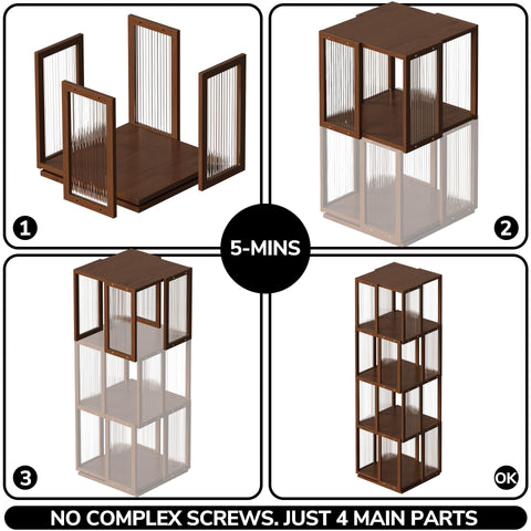 BAMEOS Rotating Bookshelf Tower 4 Tier，360°Storage Spinning Bookcase, Solid Wood Brown Cube Corner Bookshelf for Office, Bedroom and Living Room