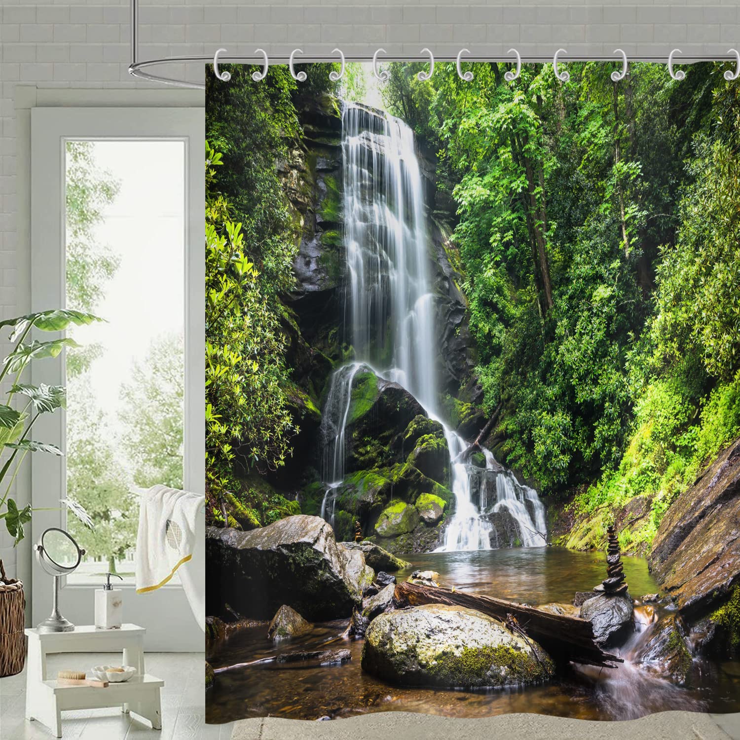 Hnmdmyi Forest Shower Curtain 120x180, Tropical Jungle Rainforest Green Tree Plant Nature Landscape Waterfall Scenery Bathroom Curtains Waterproof