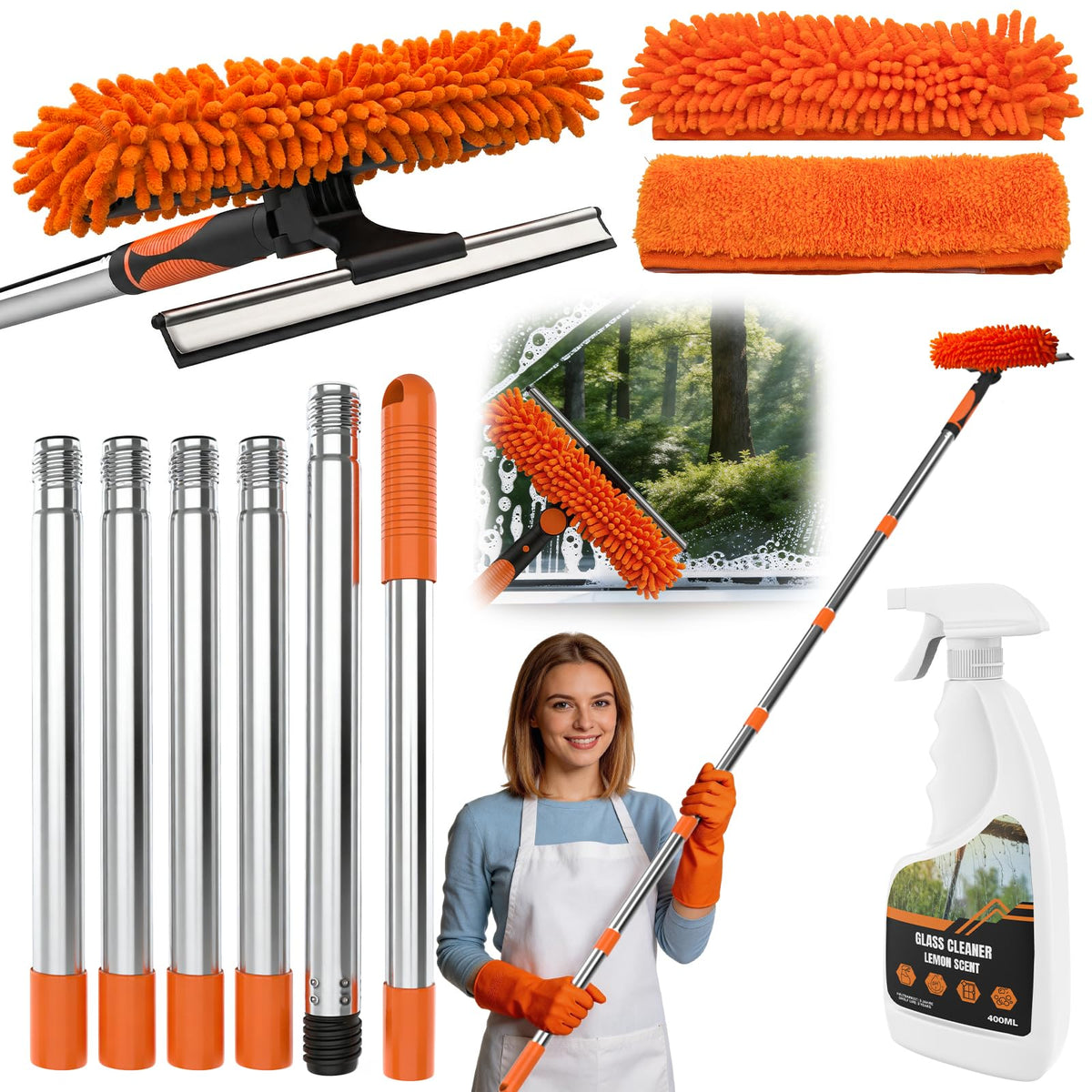 Window Cleaning Squeegee & Washer Set, 2-in-1 Window Cleaning Equipment with 2m(6.6Ft) Extendable Pole & 400ml Glass Cleaner,Streak-Free Cleaning for