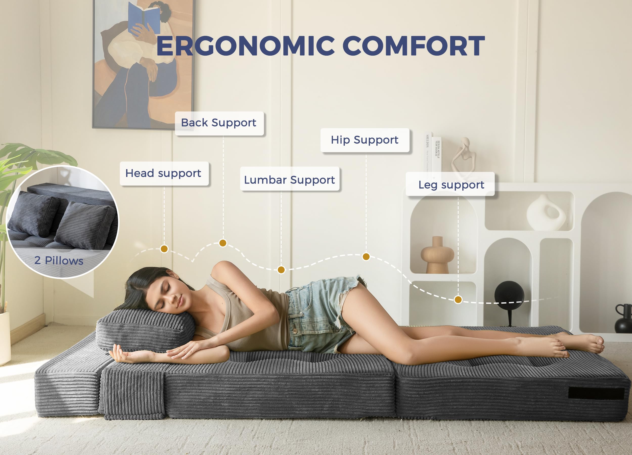 MAXYOYO Folding Foam Sofa Bed, Tri-Fold Mattress with 2 Pillows, Convertible Sofa Chair Futon Z Bed with 15cm Thincken Foam