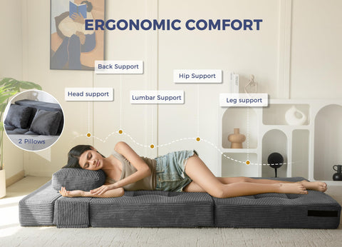 MAXYOYO Folding Foam Sofa Bed, Tri-Fold Mattress with 2 Pillows, Convertible Sofa Chair Futon Z Bed with 15cm Thincken Foam