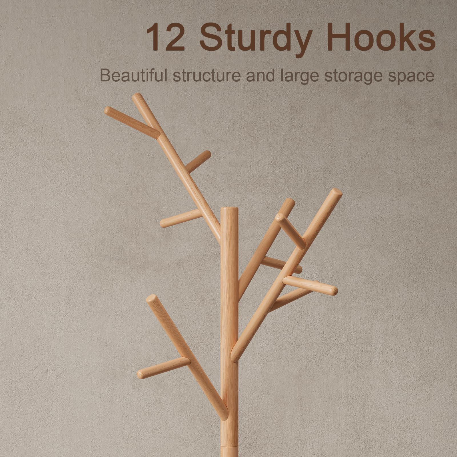 AQIMUELE Coat Stand, Wooden Coat Rack, Freestanding Stand with 12 Hooks, 3 Heights for Clothes, Hats, Bags, Coat Stands for Hallway, Small Space