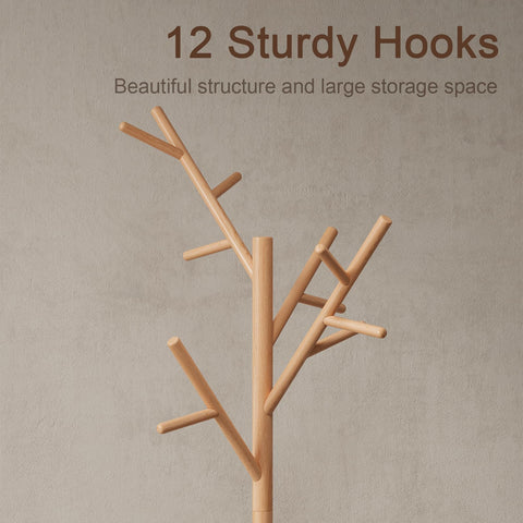 AQIMUELE Coat Stand, Wooden Coat Rack, Freestanding Stand with 12 Hooks, 3 Heights for Clothes, Hats, Bags, Coat Stands for Hallway, Small Space