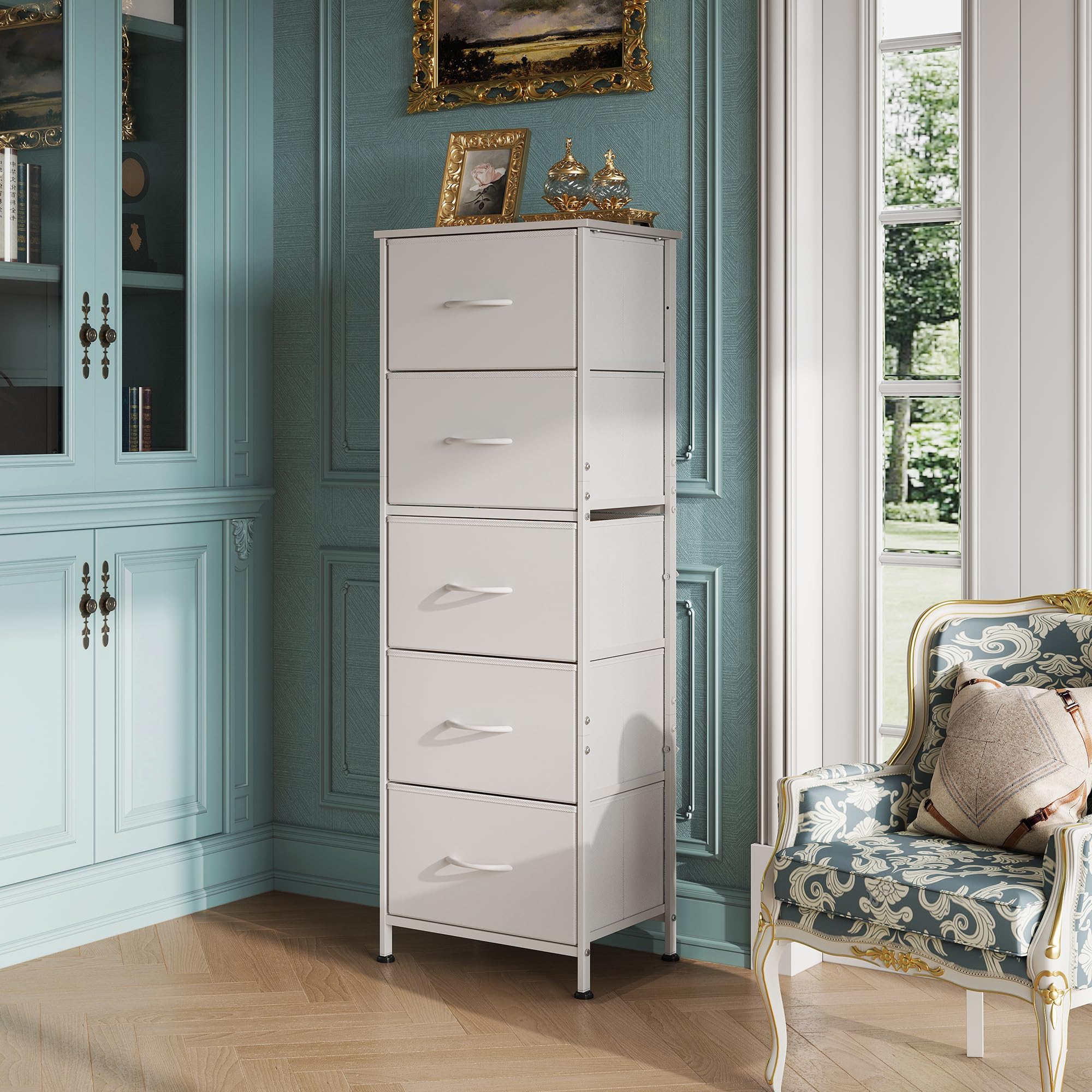 WLIVE White Chest of Drawers, 5 Fabric Drawers Tall Narrow Dresser Bedroom