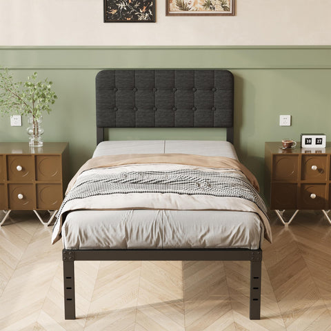 Lutown-Teen Single Bed Frame with Black Upholstered Headboard