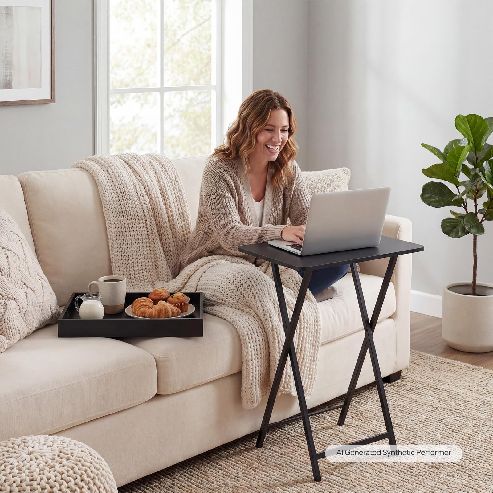 HOOBRO Folding TV Tray Table for Eating, Snack Dinner Side Table with Removable Serving Tray, Foldable Bedside Occasional Coffee Table