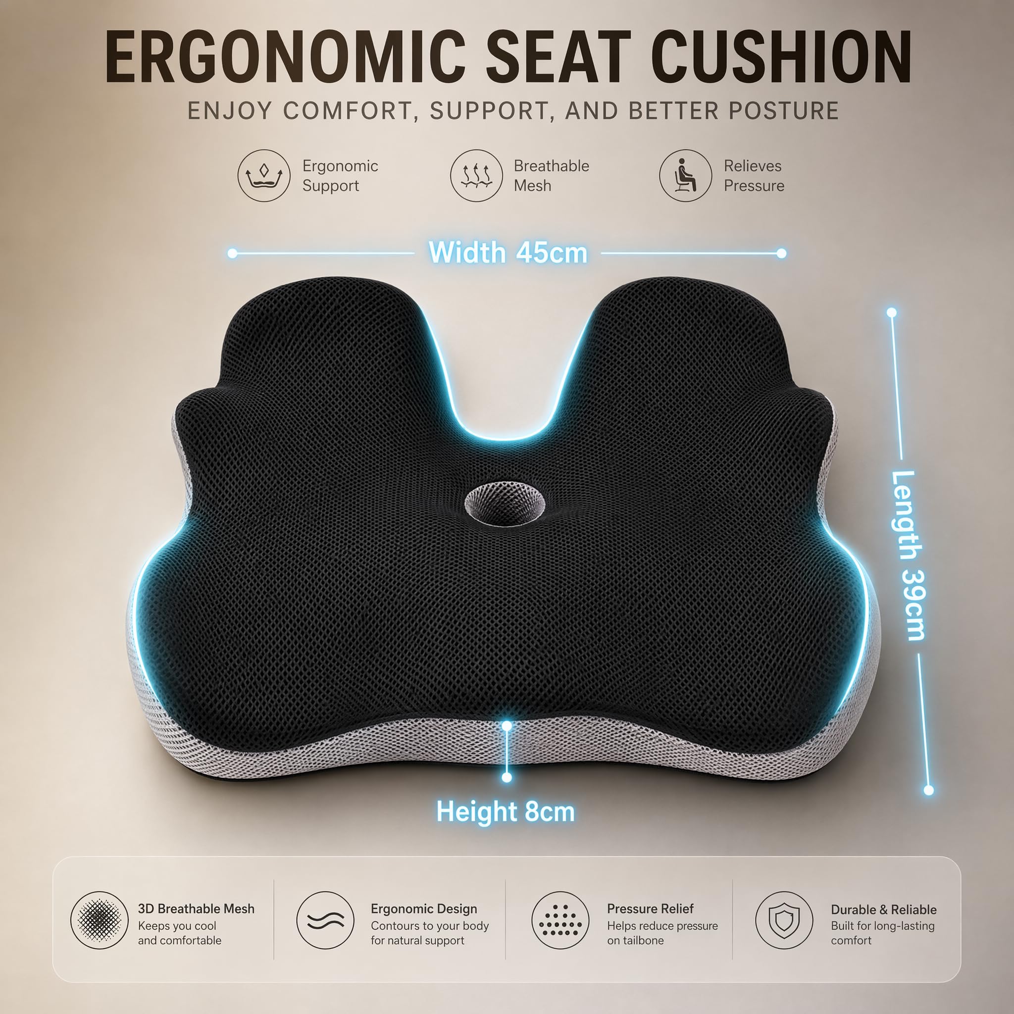 AmzHandler Memory Foam Seat Cushion, Comfort Chair Pad for Home, Office, Car and Daily Use, Ergonomic Support Cushion for Driving and Sitting, Black