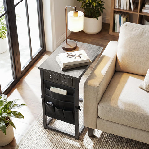 AMHANCIBLE C-Shaped Side Table, Side Table with Charging Station
