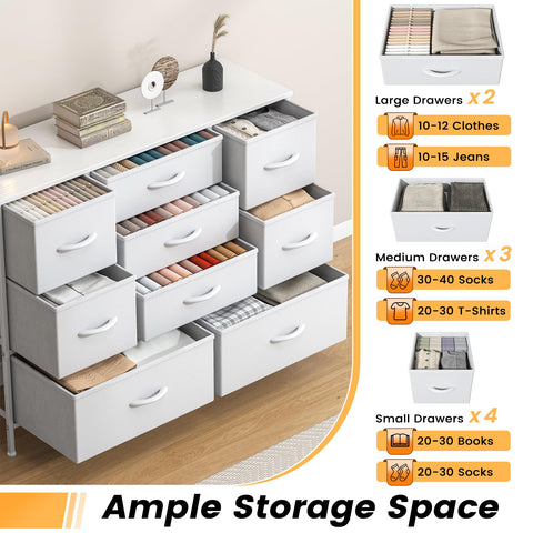 Feonase Chest of Drawers,Bedroom Dresser with 9 Fabric Drawers, Metal Frame & MDF Wood Top, Adjustable Feet, Storage Organizer Unit for Bedroom