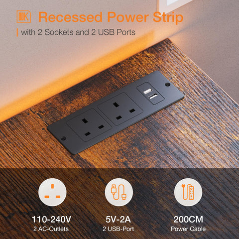 ODK Computer Desk with Drawers, 120cm Office Desk with Sockets, Brown