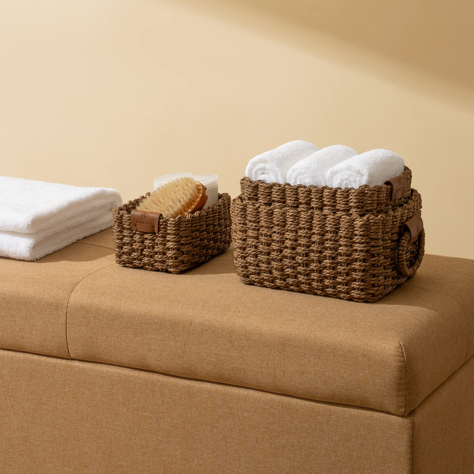 La Jolíe Muse Woven Storage Baskets, Recycled Paper Rope Bin Organizer Divider for Cupboards Drawer Closet Shelf Dresser, Set of 3 (Chocolate)