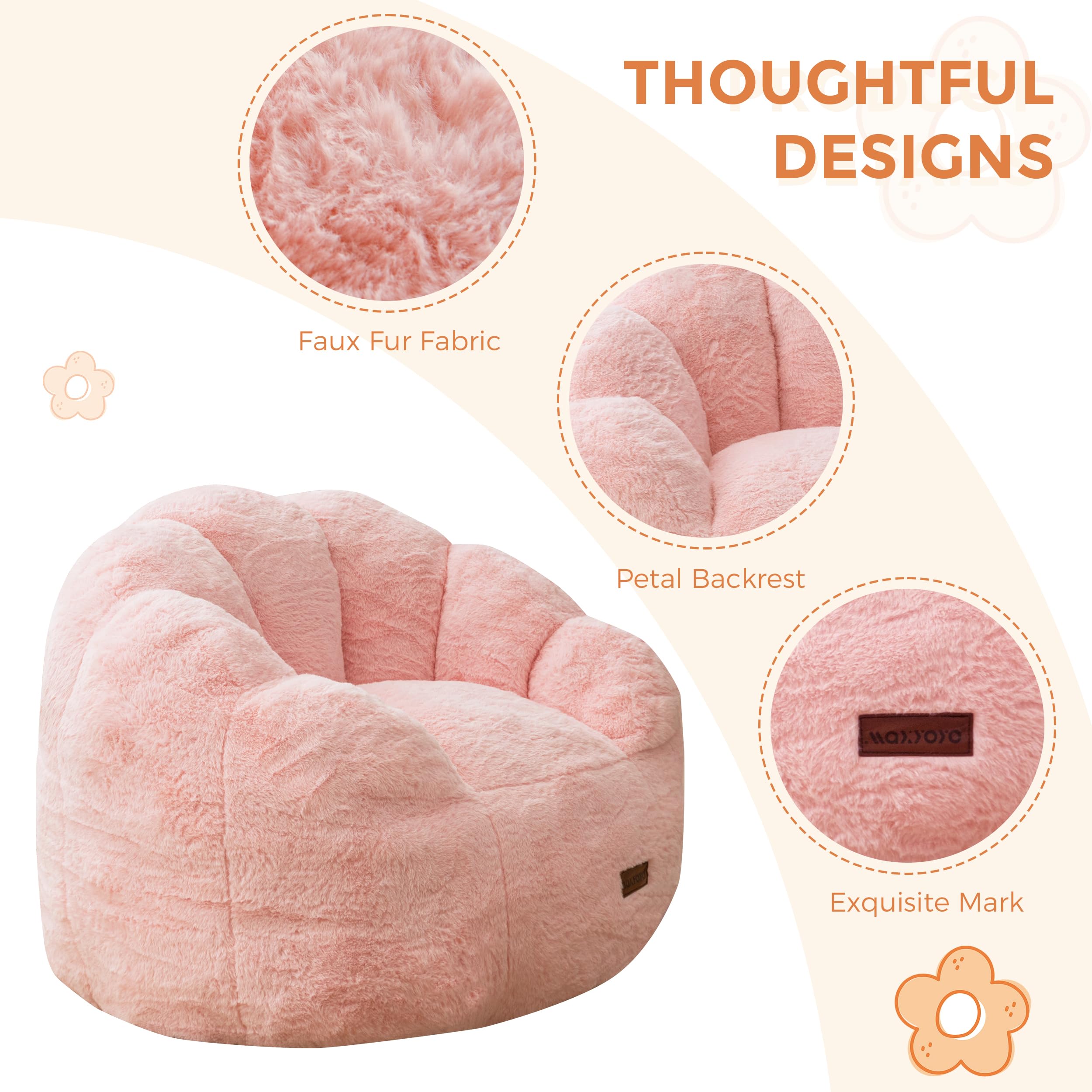 MAXYOYO Kids Floral Shaped Bean Bag Sofa, Includes Filling, Faux Fur Fabric