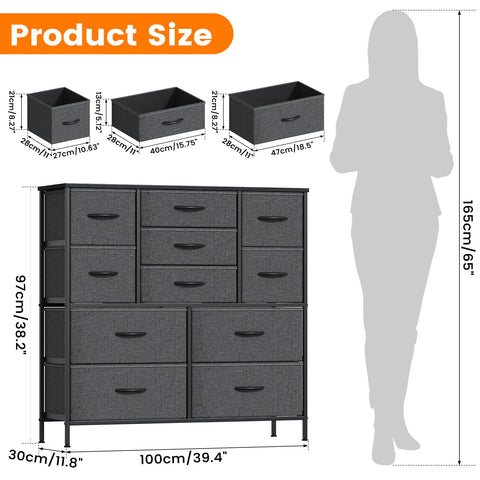 Feonase Chest of Drawers, Bedroom Tall Dresser with 11 Fabric Drawers, Metal Frame & MDF Wood Top, Adjustable Feet