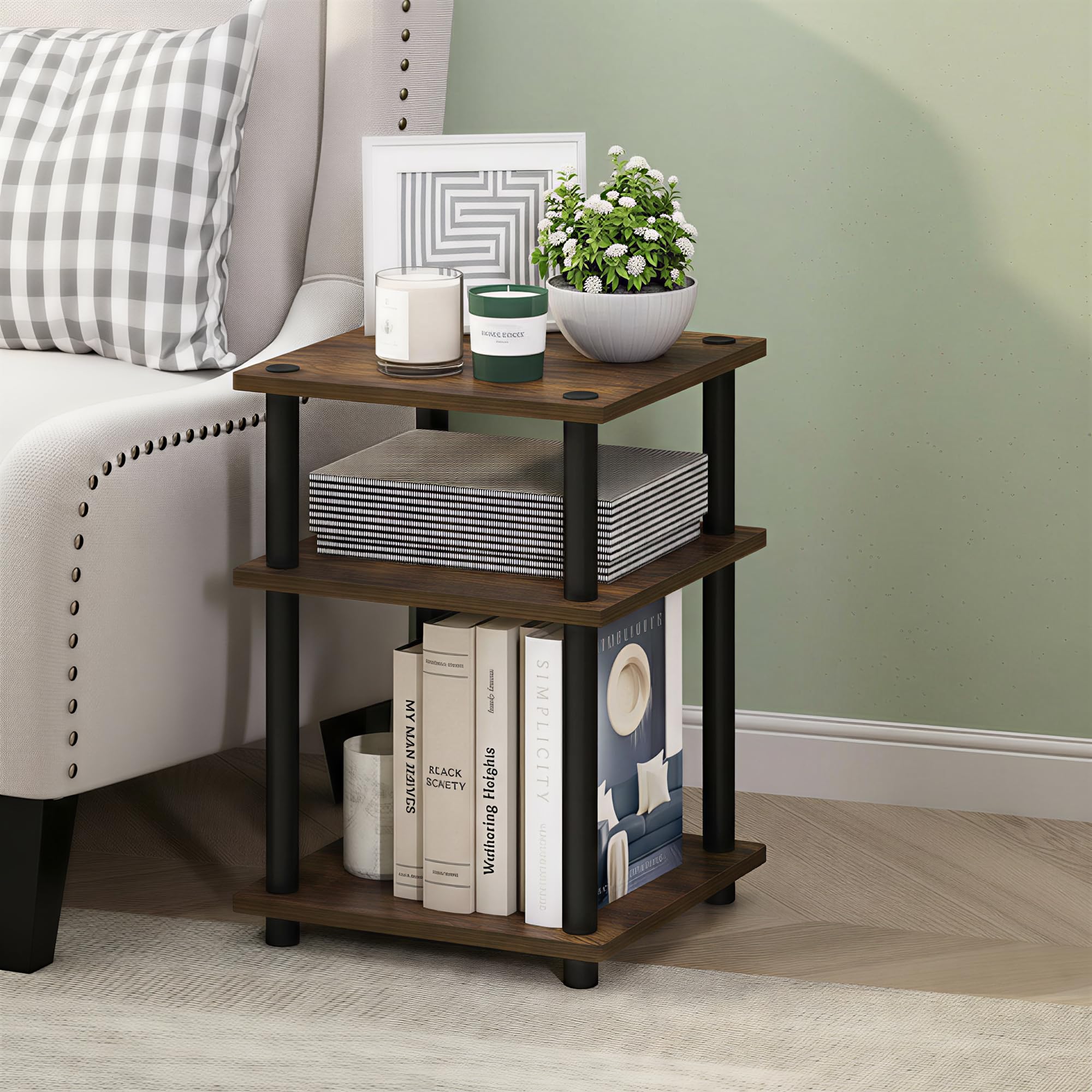 Furinno TURN-N-TUBE Side Table, 3-Tier Square Modern End Table, Toolless Open Shelves Nightstand, Night Stand, Bedside Table, Easy Assembly