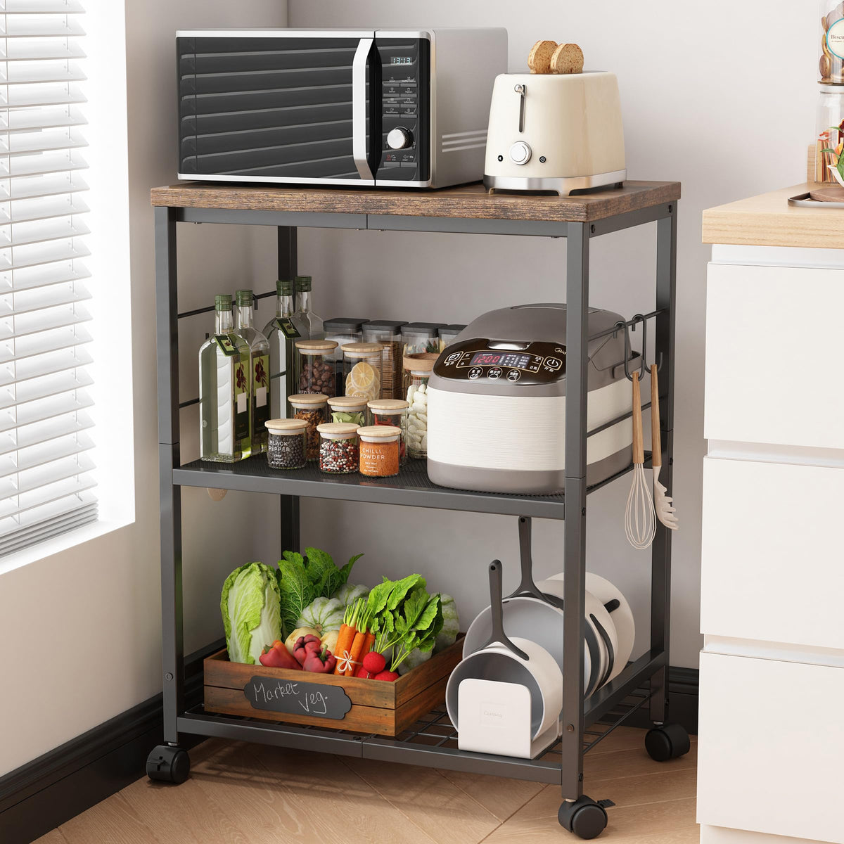 Ornestia 3 Tier Kitchen Trolley With Small Island for Storage(Black)