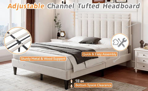 Merax 4ft6 Upholstered Bed Double Bed Frame with Adjustable Headboard,Children's bed,Youth bed,Guest bed,Velvet, Solid Wood Slats,Easy Assembly