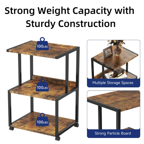 CAIYUN 3 Tier Printer Stand, Heavy Duty Printer Table with Wheels, Rolling Printer Cart with Storage Shelf, 3D Printer for Home Office, Heat Press