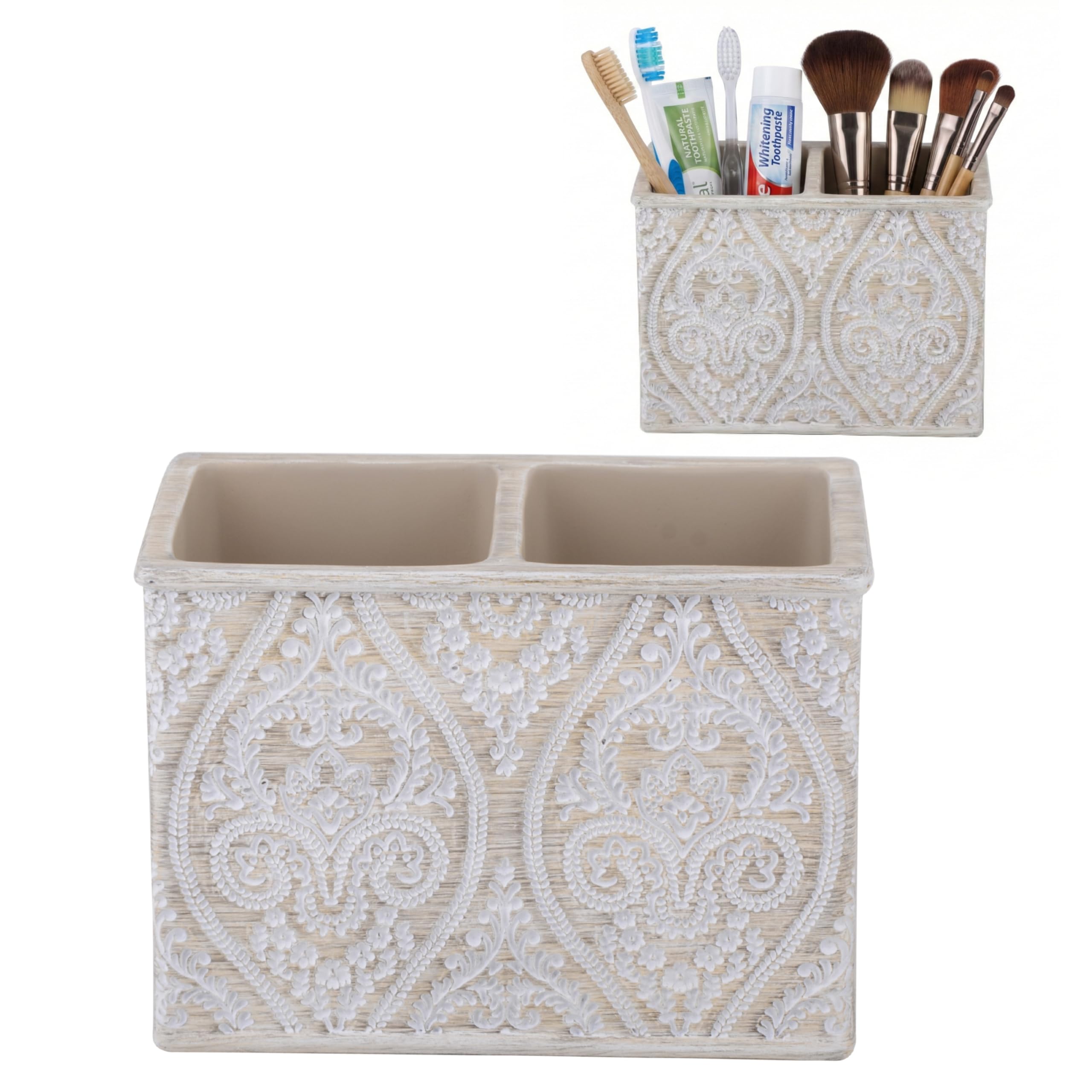 Makeup Brush and Toothbrush Holder Double, Cream, 14x10 cm