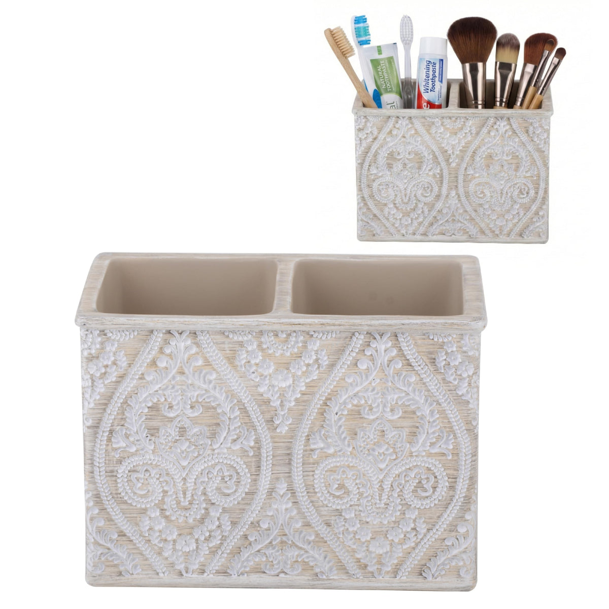 Makeup Brush and Toothbrush Holder Double, Cream, 14x10 cm