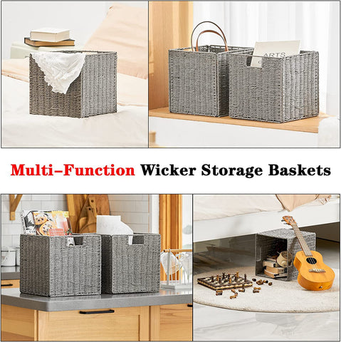 Vagusicc Wicker Baskets, Set of 2 Hand-Woven Paper Rope Storage Bins, Foldable Storage Cubes, Large Storage Baskets for Gifts Empty