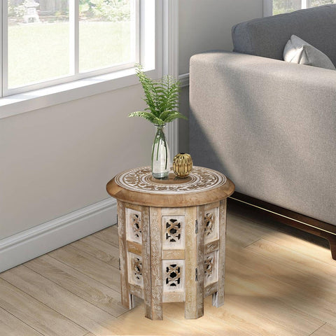 topfurnishing Beautiful Round Hand Carved Indian Shesham Wooden Coffee Table Side Table Beige Small 12"x12"x12" 30.5 cm
